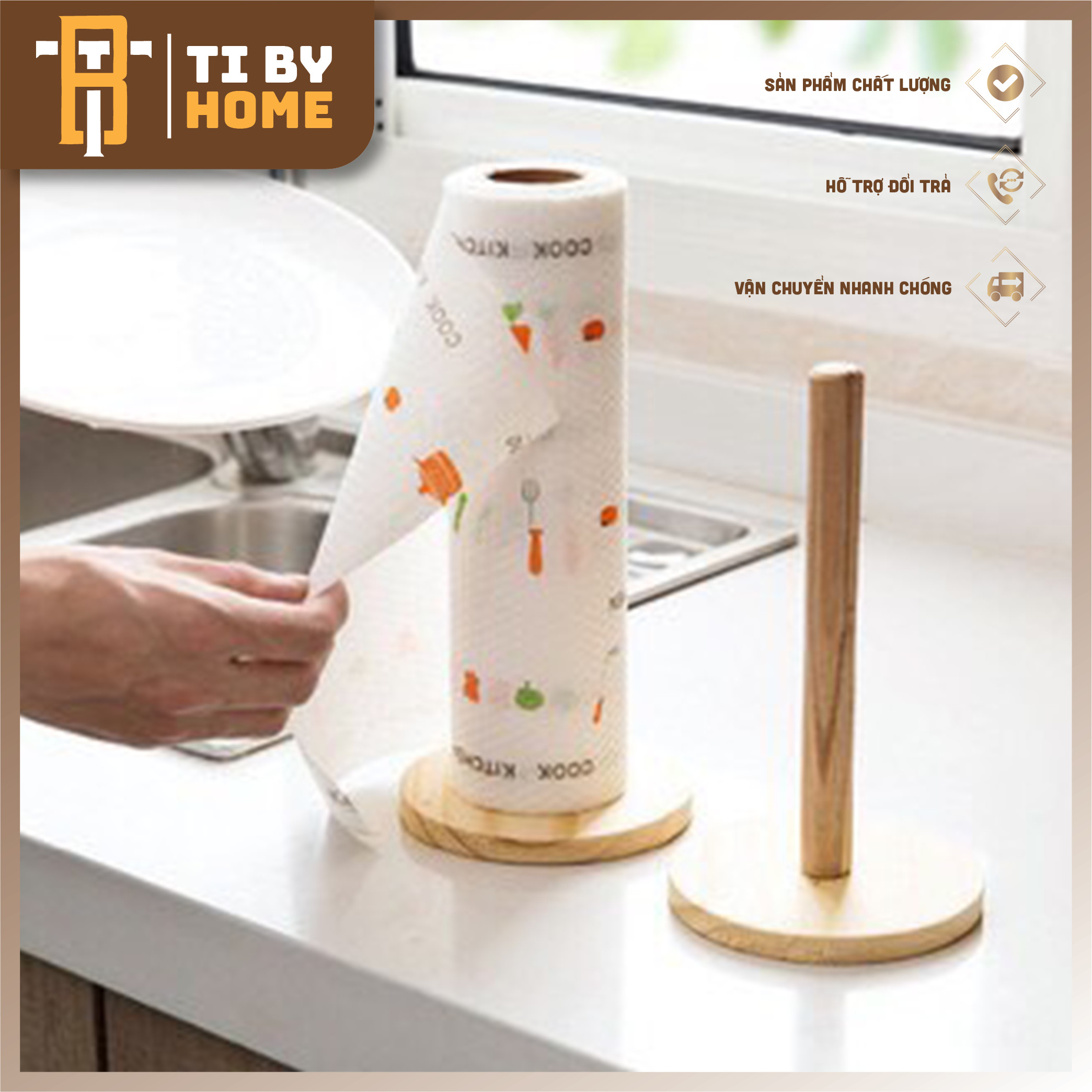 Cọc gỗ cắm giấy lau đa năng tiby home cao cấp, cột để giấy chắc chắn, cây gỗ đỡ cuộn giấy decor