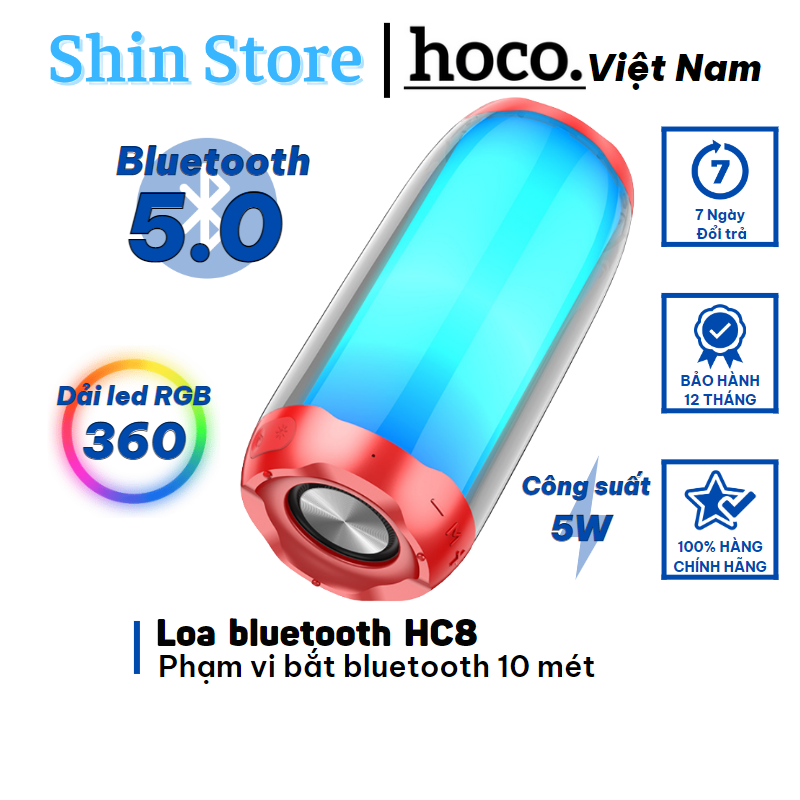 Loa bluetooth5.0 hoco hc8 không dây, đèn led nhiều chế độ màu, âm thanh 360 -shinstore