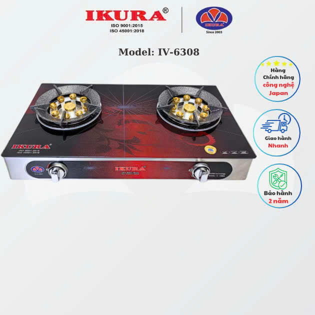 Bếp Gas Kính Dương 9 Đầu Đốt Cao Cấp IKURA IV-6380 kiềng Gang Chắc Chắn