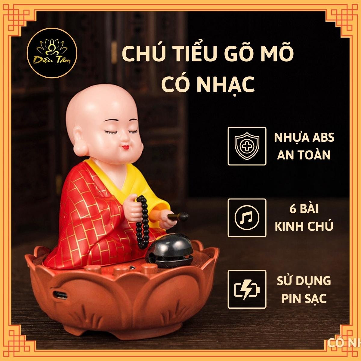  Tượng chú tiểu tụng kinh gõ mõ sạc pin type C có 8 bài nhạc tụng kinh có đèn trang trí xe hơi phong thủy bàn làm việc đồ thờ cúng shop Diệu Tâm -chú tiểu có nhạc 
