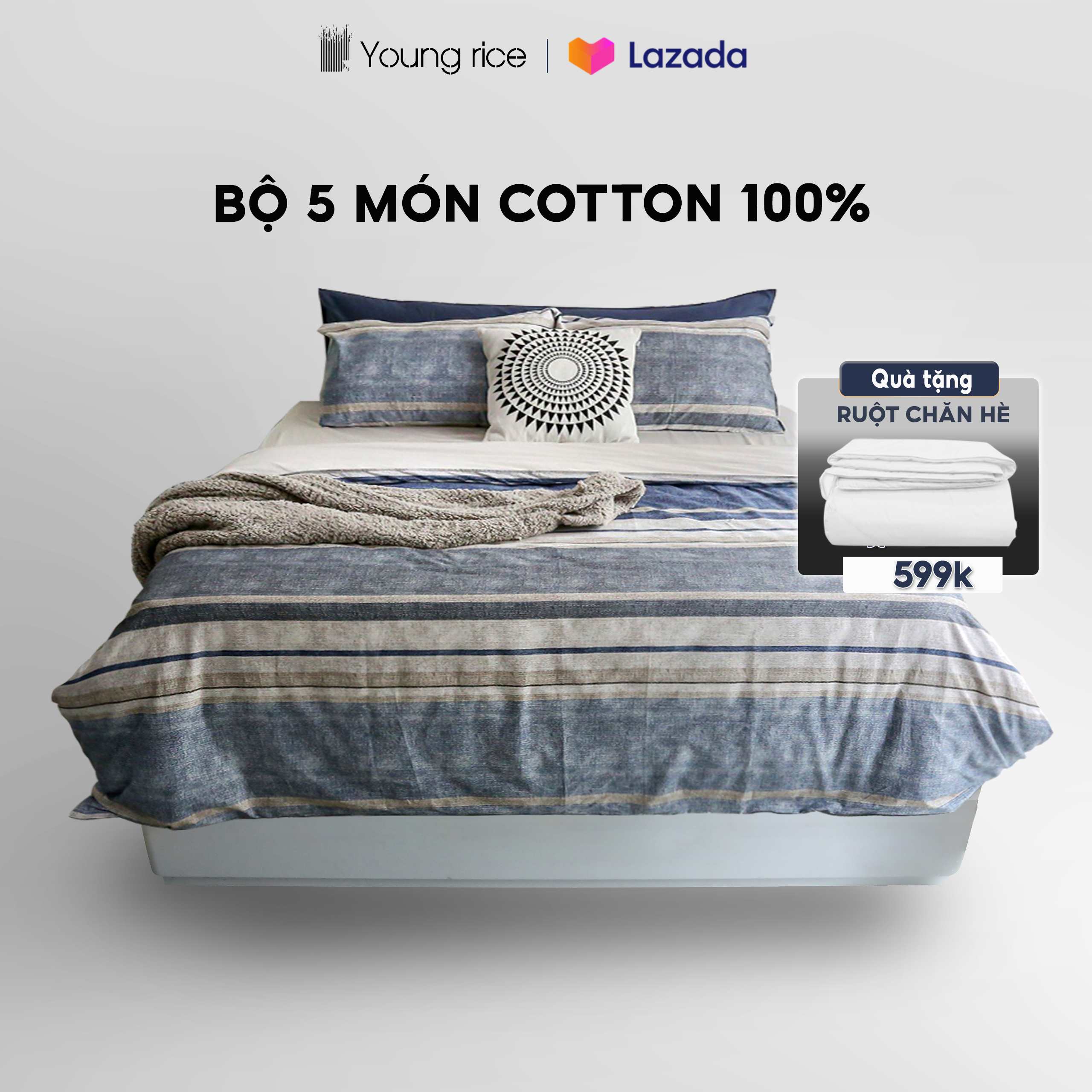 Bộ ga giường 5 món Cotton 100 % cao cấp họa tiết YOUNGRICE bộ chăn drap grap ga ra gối đệm nệm bo chun mùa đông mùa hè