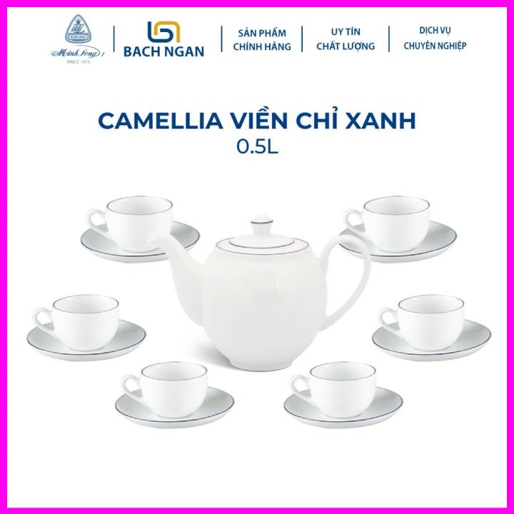 Bộ ấm trà gốm sứ cao cấp minh long 0.5 l camellia - chỉ xanh dương hàng đẹp, sang trọng đãi khách, quà tặng - 6 tách