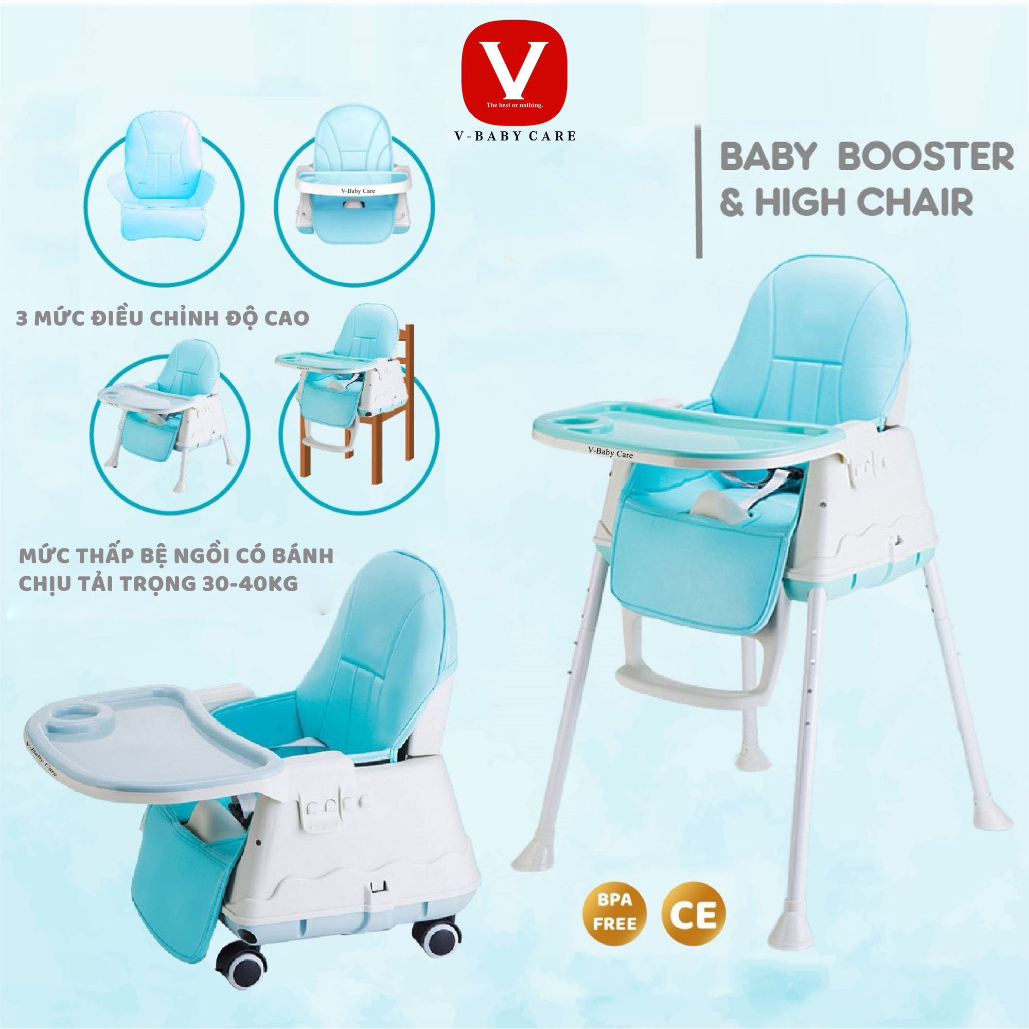 Ghế Ăn Dặm Hanbei cao cấp có 3 mức điều chỉnh độ cao, có bánh xe tiện di chuyển