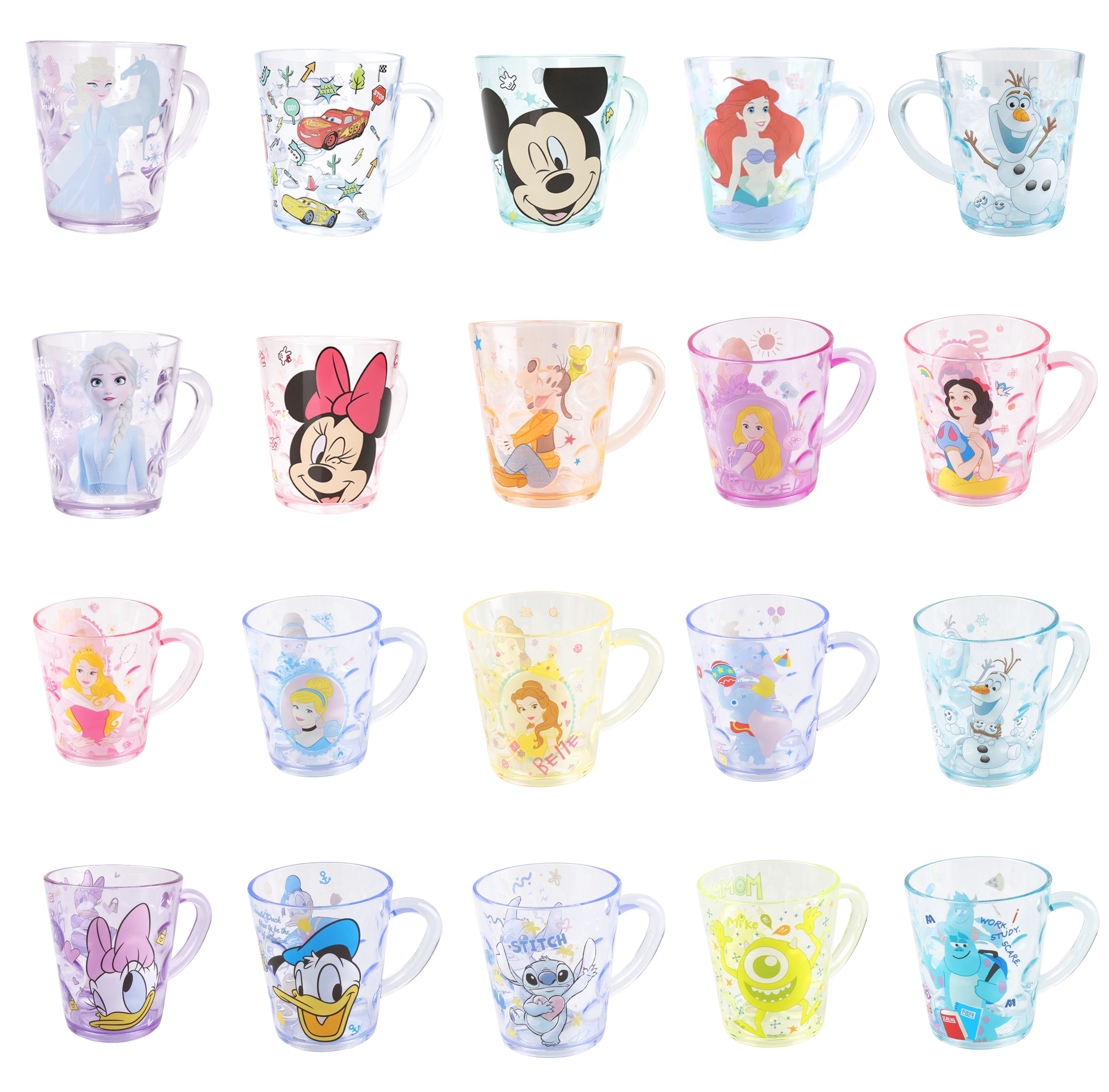 Ly nhựa uống nước trong suốt nhẹ có quai cầm tay cho bé hình Disney Princess Frozen Monster Car Mickey Minnie Donald 260ml