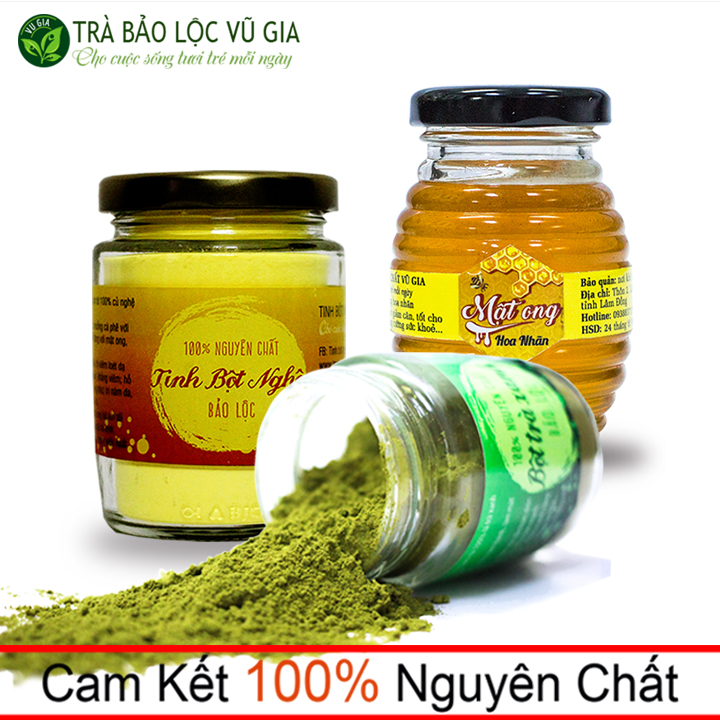 Combo bột trà xanh 100g + tinh bột nghệ 100g + mật ong nhãn 100ml nguyên chất vũ gia - đắp mặt nạ