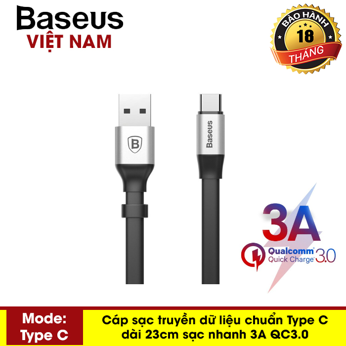 Cáp sạc và truyền dữ liệu tốc độ cao Baseus USB Type C (dài 23cm hỗ trợ Quick charge 3.0) sử dụng đa năng tiện lợi - Phân phối bởi Baseus Vietnam