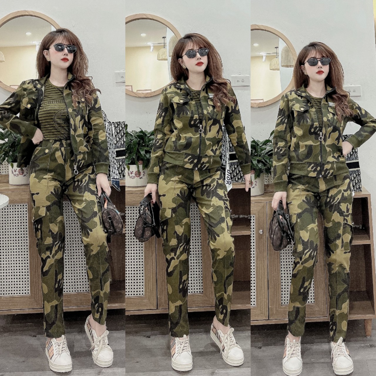 Set lính rằn ri nữ chất kaki (gồm khoác, quần, áo ba lỗ)