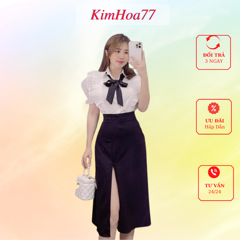 Sét váy áo trắng tiểu thư lụa mix chân váy đen umi xẻ tà freesize kimhoa77