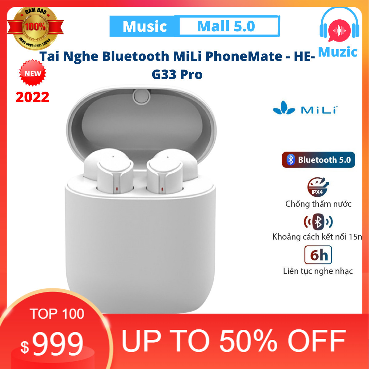 Tai nghe bluetooth . tai nghe tai nghe bluetooth mili phonemate - he-g33 pro . nguyên seal nhựa abs, phủ lớp uv mờ . công nghệ bluetooth v5.0 hiện đại , chống nước , âm thanh sống động chân thực , thời lượng pin tốt . bảo hành 1 năm
