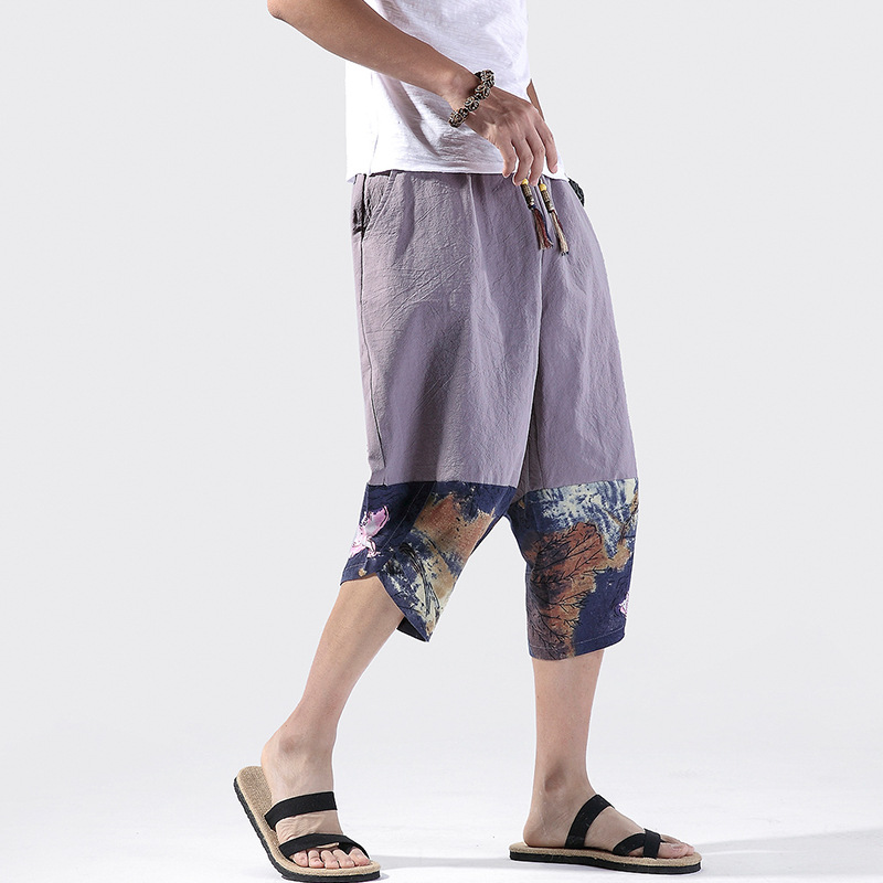 -A Quần Bảy Tấc Hàng To 2021 Quần Mặc Thường Ngày Rộng Rãi In Hoa Phối Cotton Lanh Phong Cách Trung Quốc Mẫu Mới Mùa Hè Quần Cắt