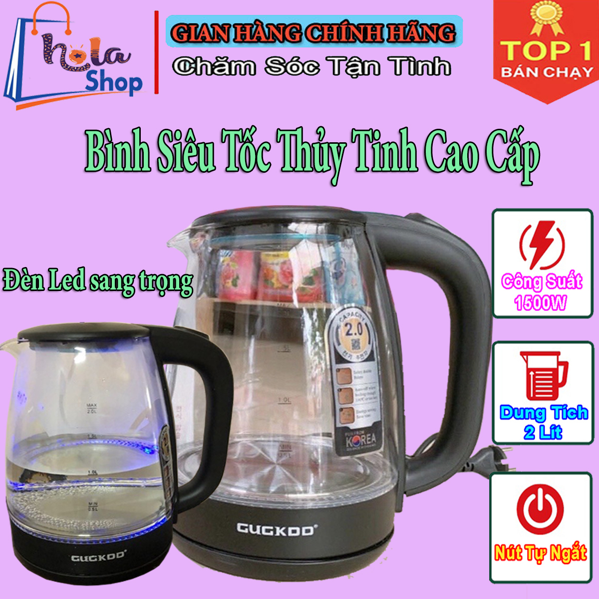 Ấm đun siêu tốc thủy tinh cuckoo cao cấp, ấm đun nước siêu tốc - bình đun siêu tốc, bình đun nước thủy tinh cuckoo 2.0l, công suất 1500w, bình siêu tốc thủy tinh cao cấp, đèn led, tự ngắt khi sôi, ấm siêu tốc, ấm đun nước