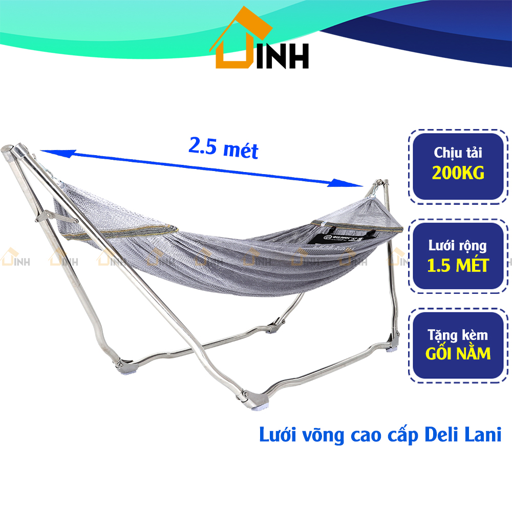 Lưới võng cỡ đại Deli Lani cao cấp tặng kèm gối, võng lưới cán sắt Qui Phúc