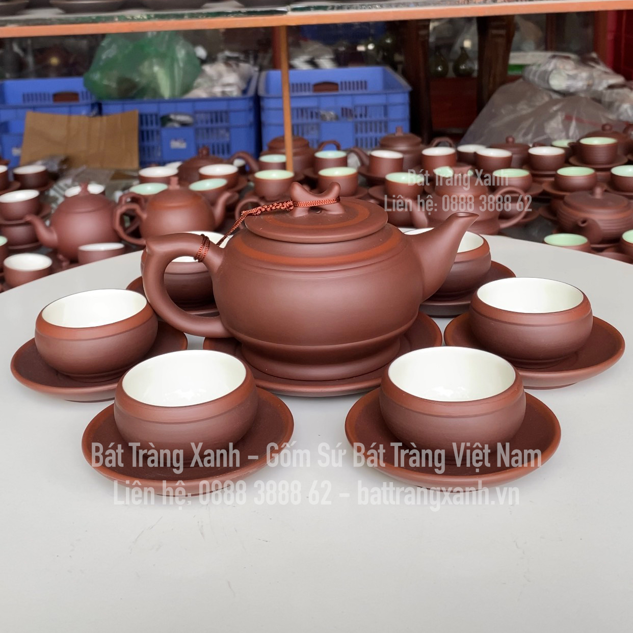 Bộ ấm tử sa bát tràng - bộ ấm trống chỉ men trắng đủ phụ kiện - ấm chén nghệ nhân vương mạnh tuấn