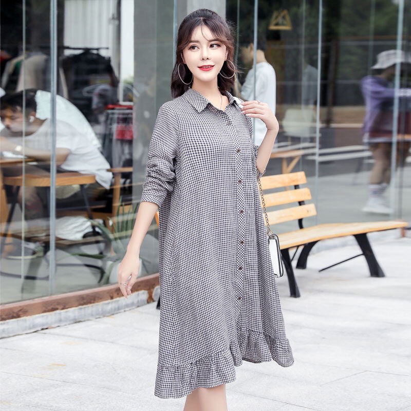Váy bầu kẻ đen dáng sơ mi đuôi nhún