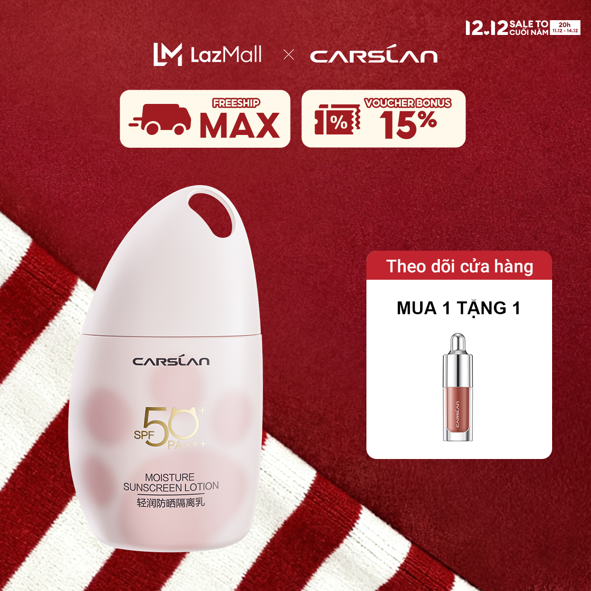   ĐỘC QUYỀN 11  20pm  - 14.12|VOUCHER+QUÀ TẶNG kem lót chống nắng Carsaln nâng tone dưỡng da Moisture Sunscreen Lotion Primer kem lười Kem Lót 1 lọ đa năng 35g SPF 50 + PA + + + 