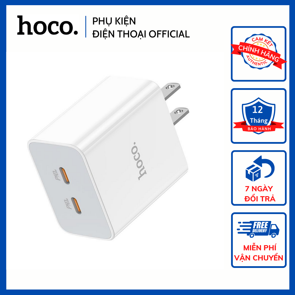 Củ sạc nhanh hoco c 108 35w - 2 cổng sạc typec - dây cáp sạc typec to typec và typec to ip - bh 12 tháng