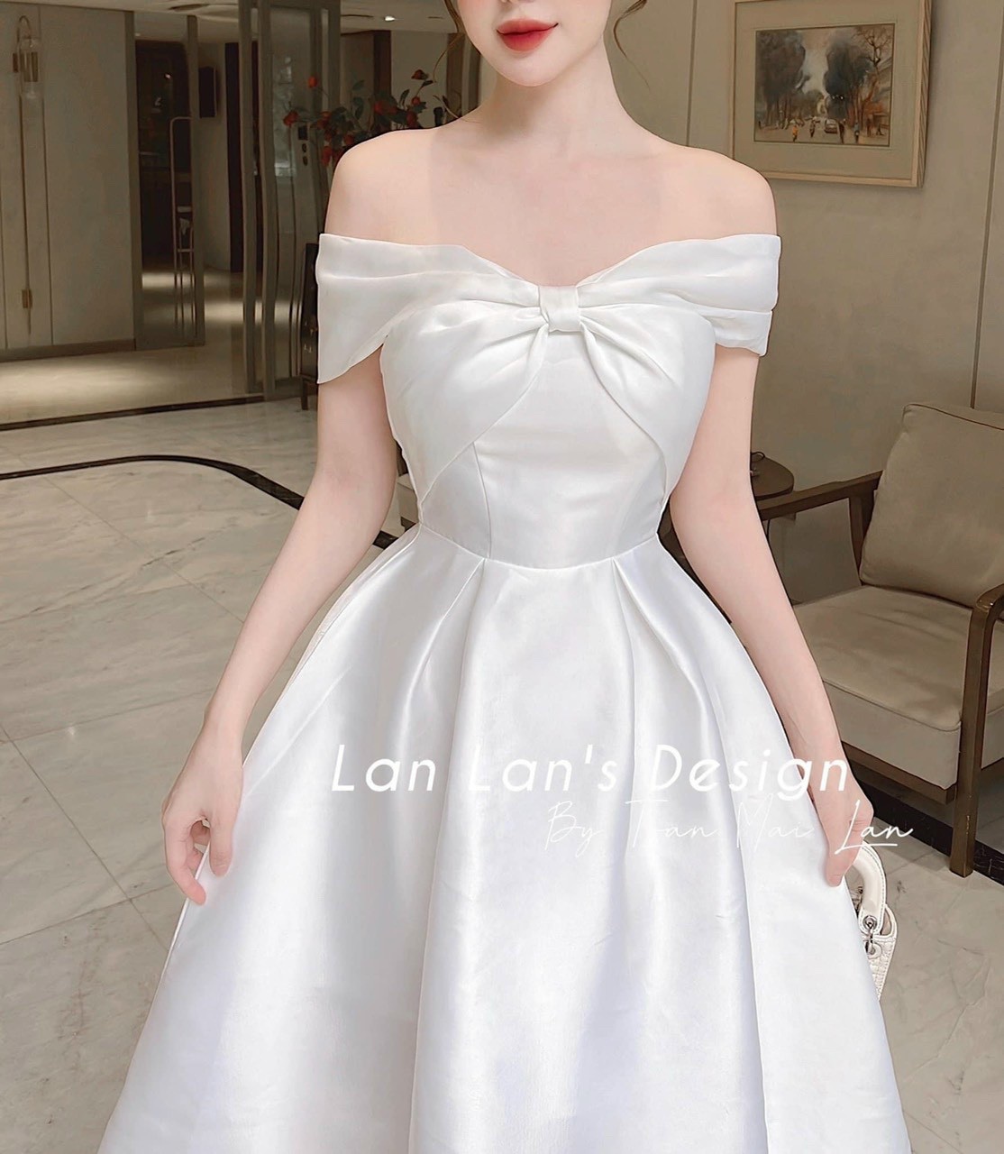 Đầm xòe nơ trễ vai, đầm tafta phi nhũ trễ vai trần nơ trắng kem, váy dài xòe sang trọng mặc dự tiệc