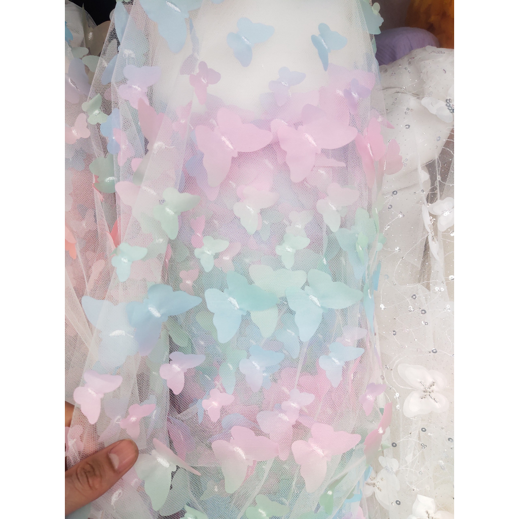 Vải voan lưới đính cánh bướm 3D chuyên may váy, đầm xinh xắn