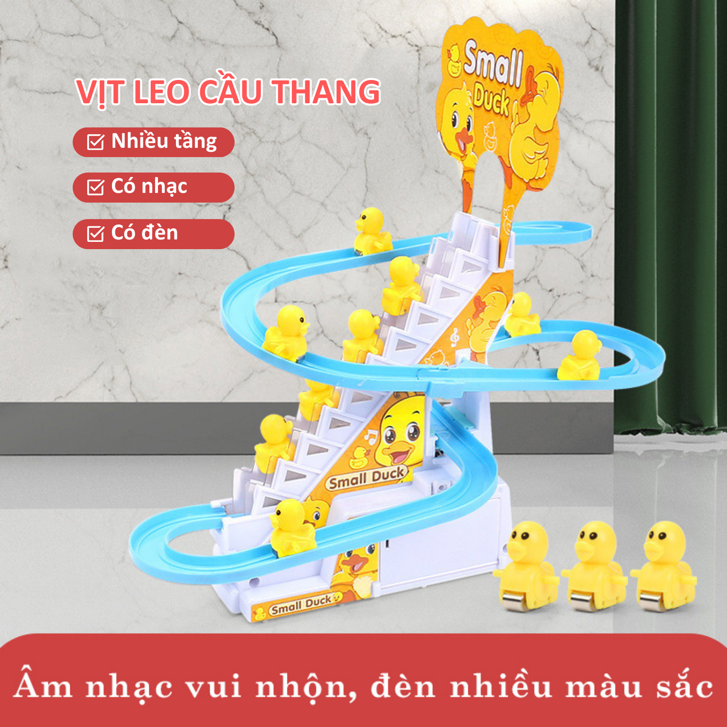 The stairs duck has music. Baby sound toy set