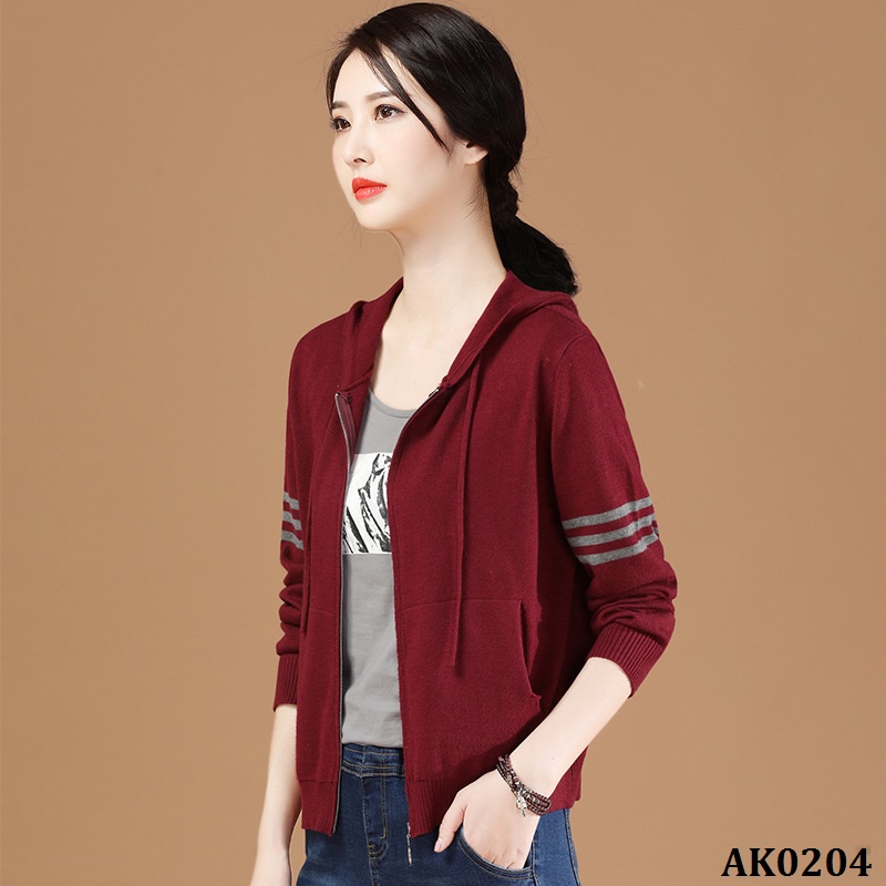 [HCM]AK0204-Áo Khoác Len Dệt Kim Có Nón Retro Sọc