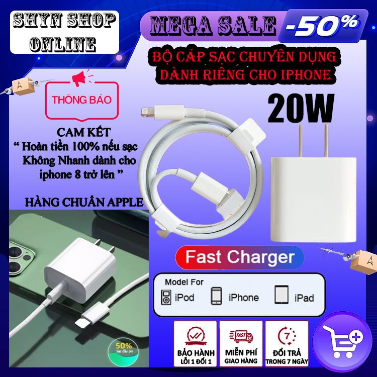 Bộ củ cáp sạc nhanh pd 20w cho ip 7/8/x/11/12/13, cáp sạc điện thoại chính hãng, bộ sạc nhanh iphone cao cấp, bộ sạc nhanh pd 20w cho ip, củ xạc và dây cáp type c to lightning cho ip 8 x xs xr xsmax 11 11pro 12