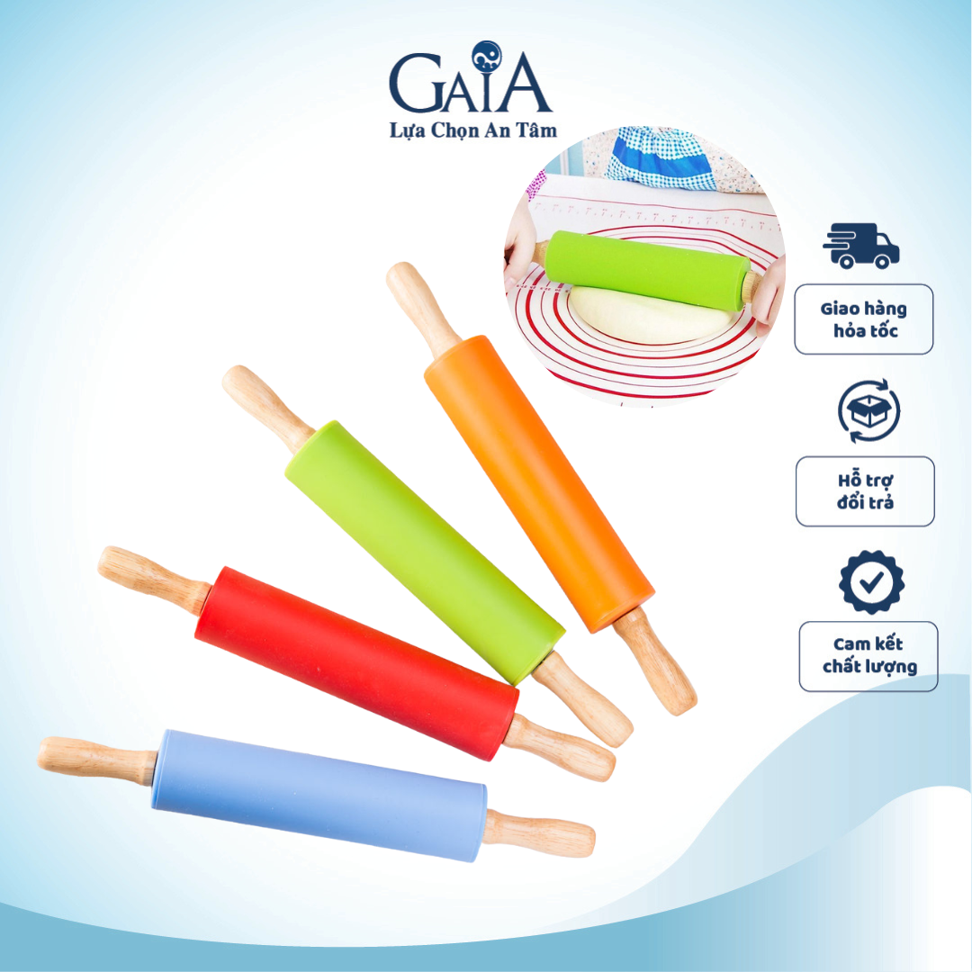 Cây cán bột lăn bột làm bánh bằng silicon cán gỗ cỡ lớn, vừa, nhỏ chuyên dụng