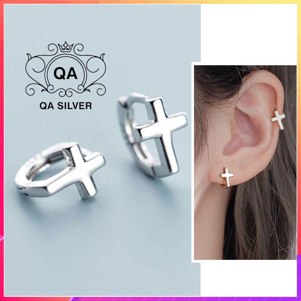 Khuyên tai bạc nam chữ thập tự bông tai thánh giá chốt lẫy s925 cross silver earrings qa silver ea200602