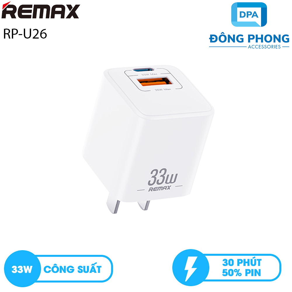 Củ sạc nhanh 33w 2 cổng remax rp-u26 chính hãng