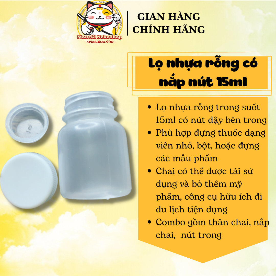 Lọ nhựa rỗng 15ml , 50 chai nhựa chiết dung dịch trong suốt 15ml có nút đậy bên trong, dược mỹ phẩm