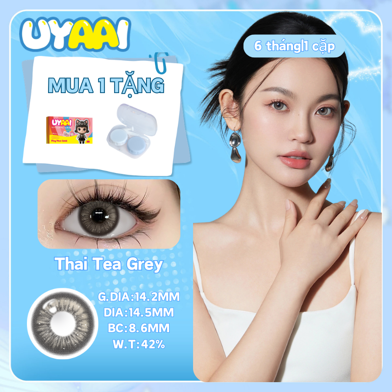(Mua 1 tặng 1) Kính áp tròng UYAAI 0-4 độ Thai Tea Grey 14.5mm 42% Độ ẩm 6 tháng Kính áp tròng mềm