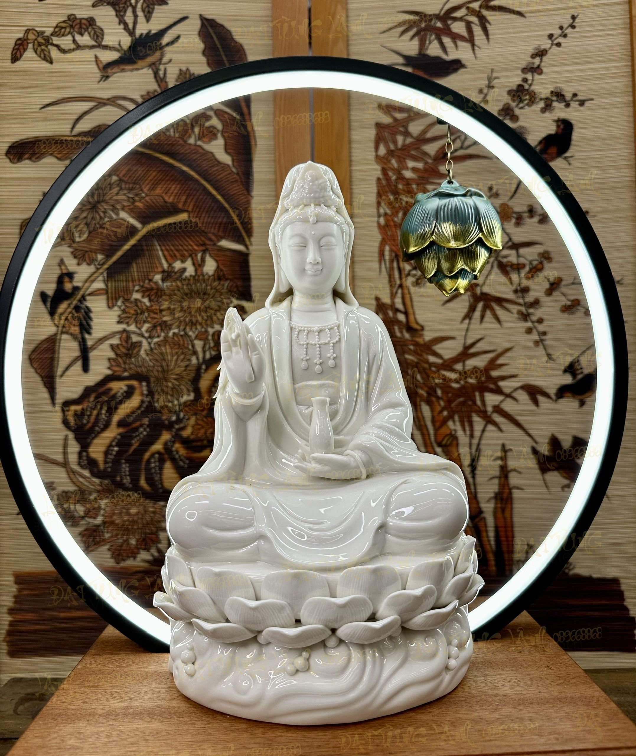 Tượng quan âm bồ tát gốm đức hóa màu trắng cao 30 cm
