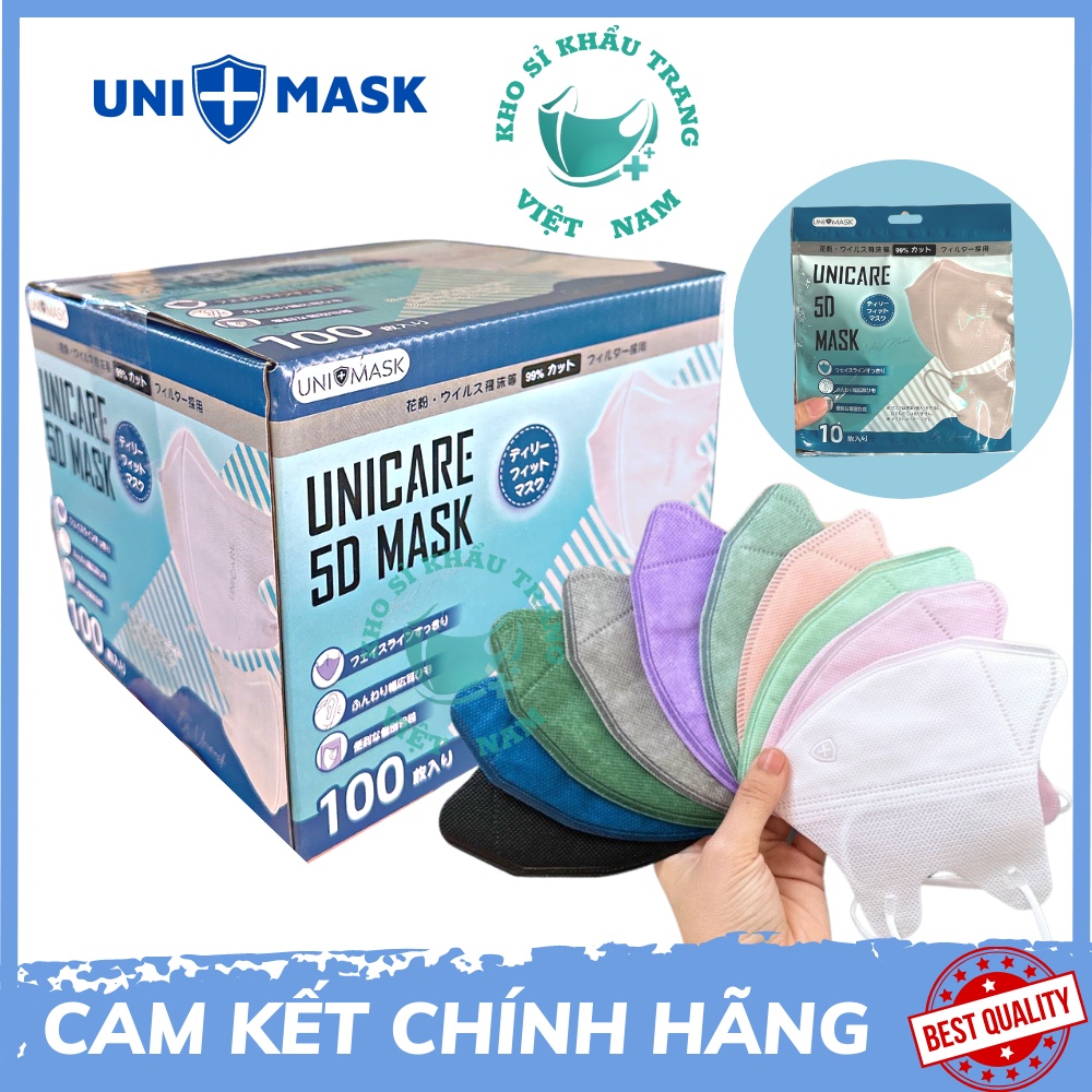 Thùng 100 chiếc Khẩu Trang 5D Uni Mask Unicare Quai Thun Kháng Khuẩn