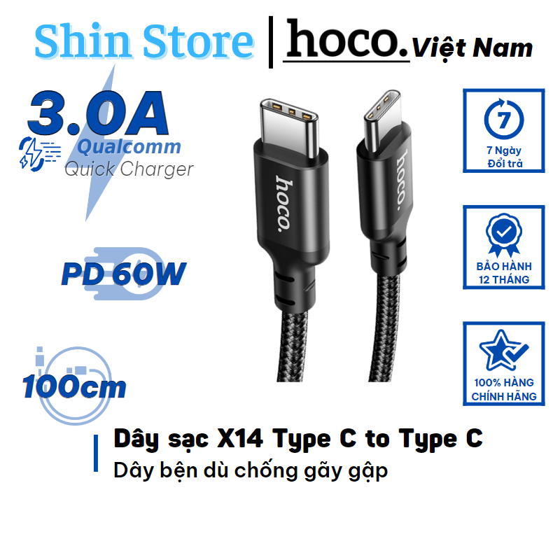 Cáp sạc nhanh 60w hoco x14, dây sạc bện dù type c to type c , độ dài dây 1m -shinstore