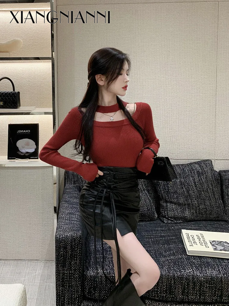  XIANG NIAN NI  Áo Len Cho Nữ Áo Cổ Treo Thu Đông Với Quần Legging Bó Sát Áo Len Dài Tay Thiết Kế Cảm Giác Spice Girls Vai Dệt Kim 11.11 Biggest Sale 