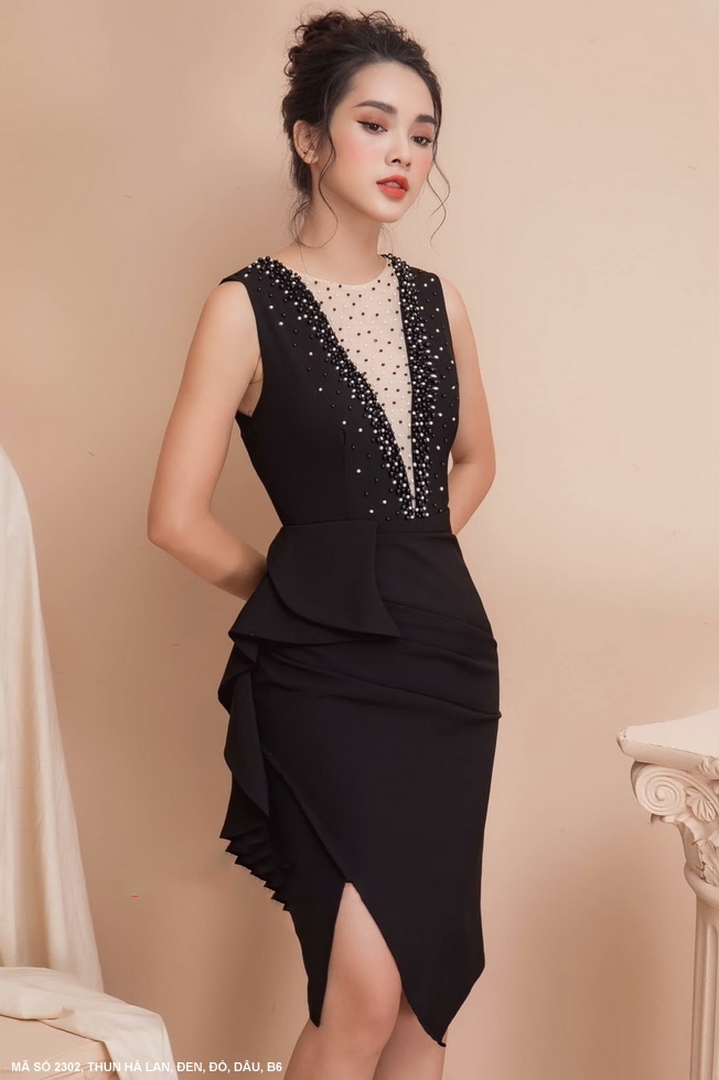 Đầm dự tiệc lai nhọn cổ phối lưới kết ngọc trai mã số 2302