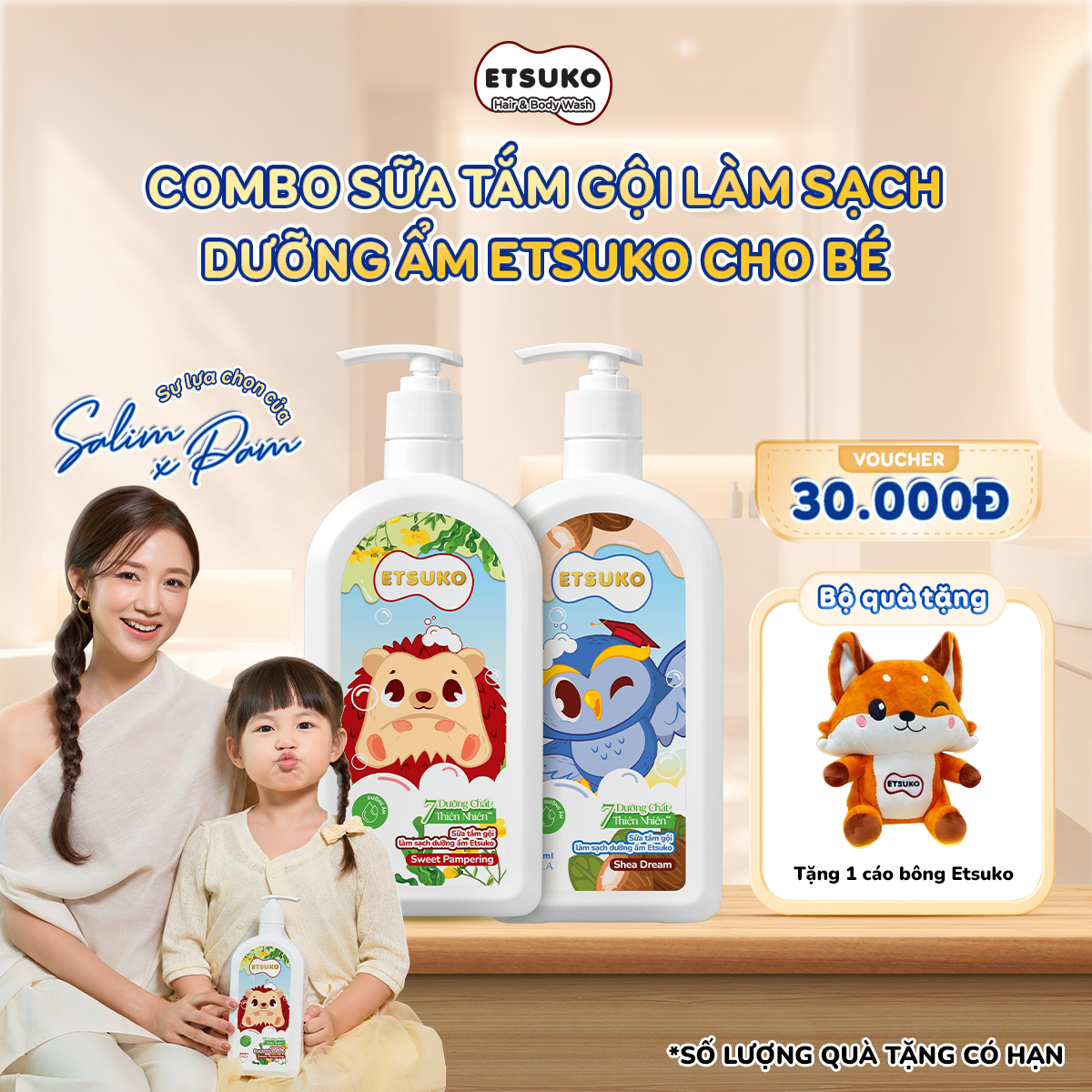 [MUA 2 CHAI TẶNG CÁO BÔNG] Sữa Tắm Gội Làm Sạch Dưỡng Ẩm / Kháng Khuẩn ETSUKO 600ml Cho Bé Từ 3 Tuổi Trở Lên.