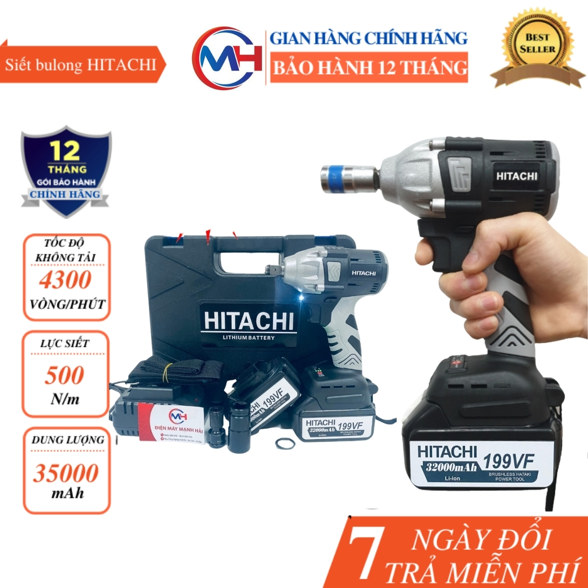 Máy Siết bulong hitachi 199VF - Máy bắn bulong Không chổi than tặng kèm Khẩu 22mm và đầu chuyển vít