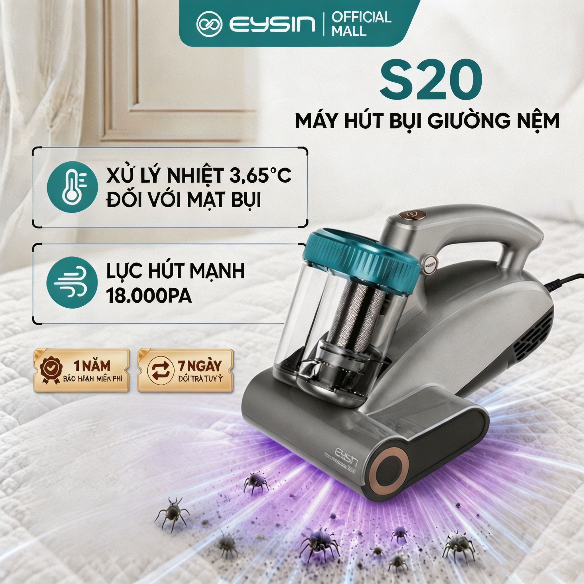 Eysin S20 New Generation Smart Antibacterial Bed and Mattress Vacuum Cleaner Uv Light for Antibacterial Purposes Hepa Filter Core