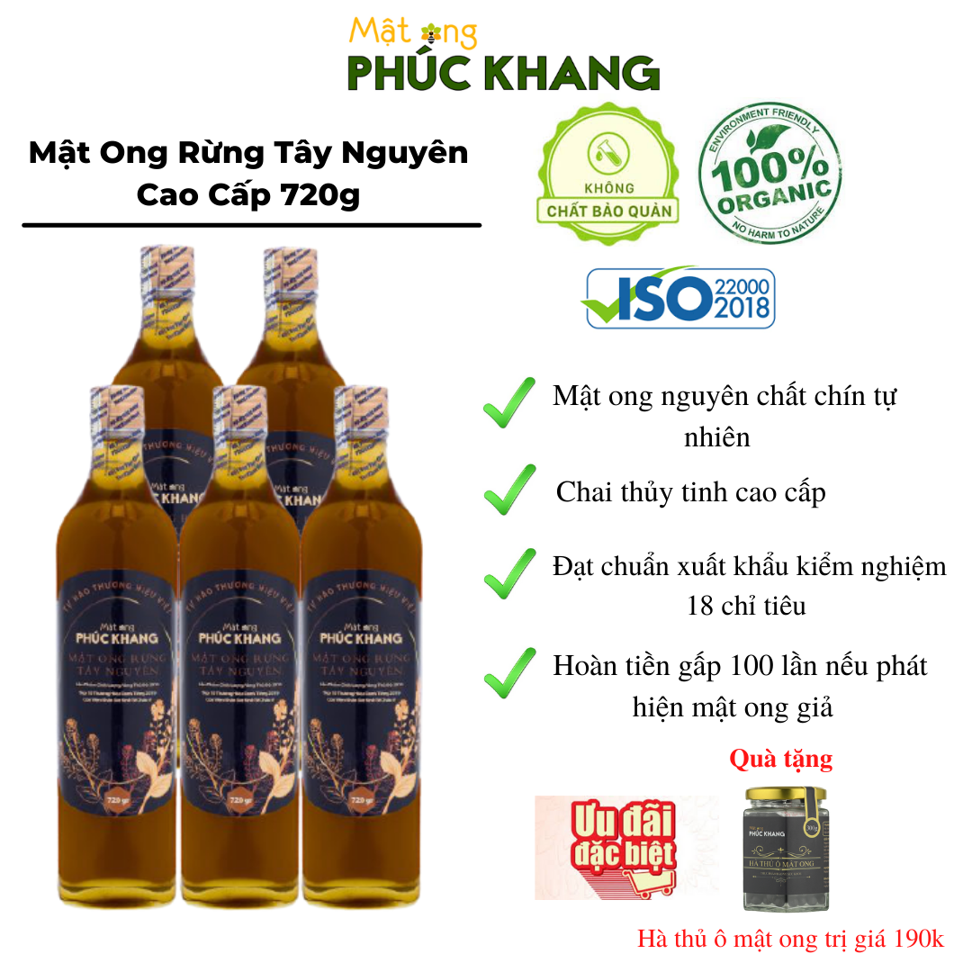 *Mật Ong Phúc Khang - Combo 5 chai mật ong rừng tây nguyên Phúc Khang 720G -Mật ong nguyên chất - Thu hoạch tự nhiên - Đạt chuẩn xuất khẩu - Không nhiễm hóa chất , Kháng sinh , Kim loại nặng An toàn cho gia đình -