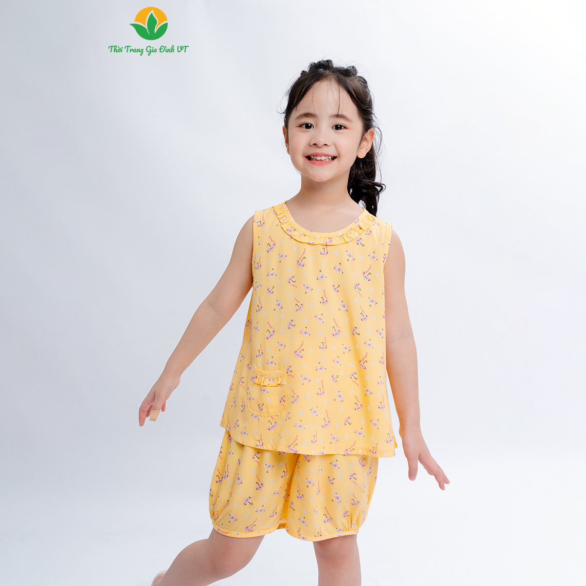 Bộ lanh tole mùa hè mặc nhà cho bé gái, quần đùi , áo sát nách họa tiết thời trang Việt Thắng - B62.2402