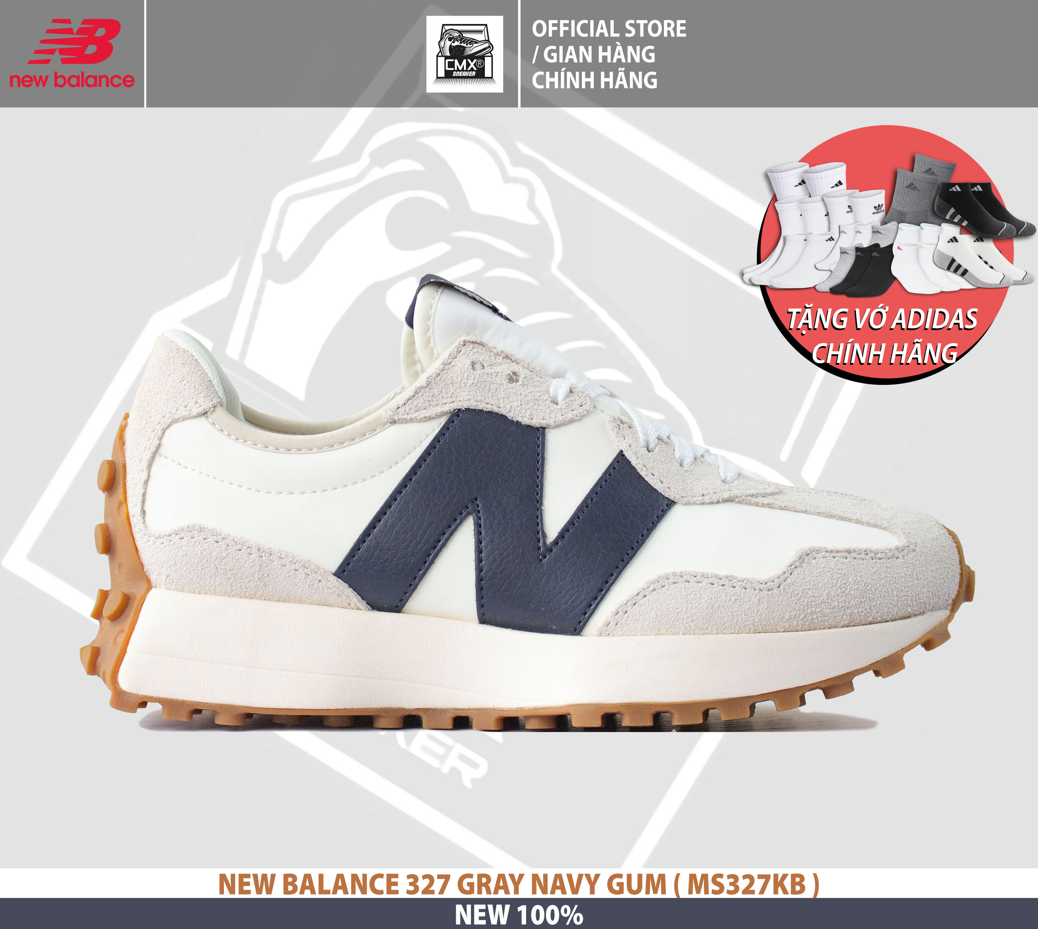 😘 giày new balance 327 white navy gum - authentic 100%