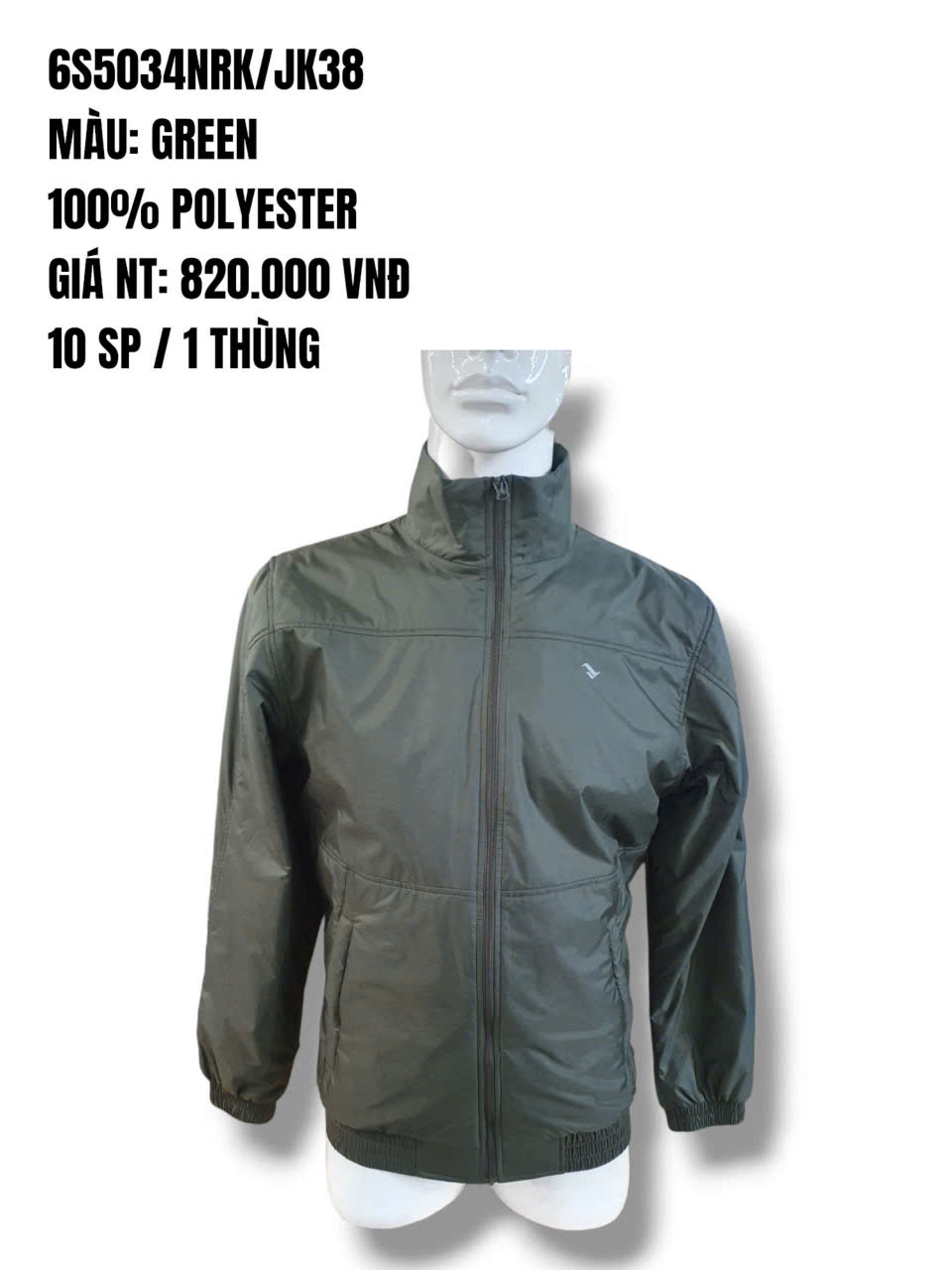 Áo khoác dù 2 lớp, màu green, không nón Việt Tiến (6S5034)