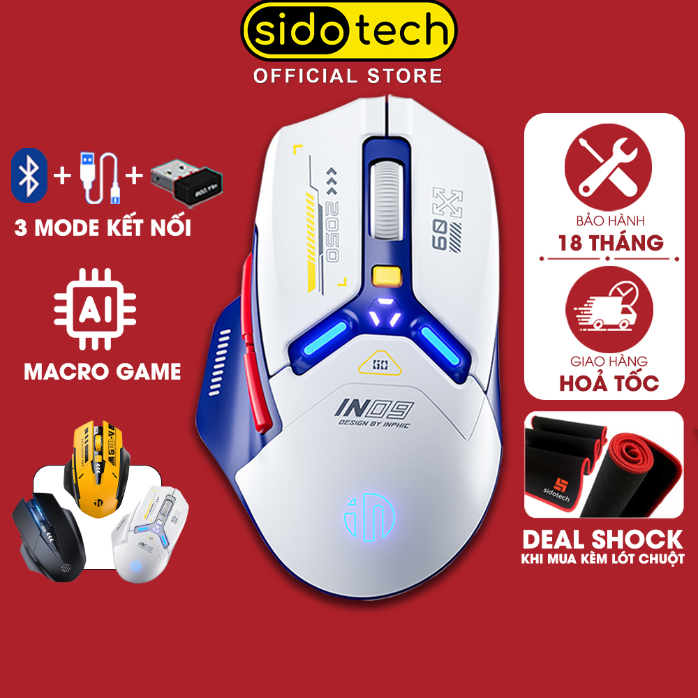 Chuột không dây gaming bluetooth SIDOTECH INP9 pin sạc led rgb 6 nút bấm 3 mode kết nối có app điều chỉnh chơi game macro combo auto tap click drag click gundam máy tính laptop - Hàng chính hãng