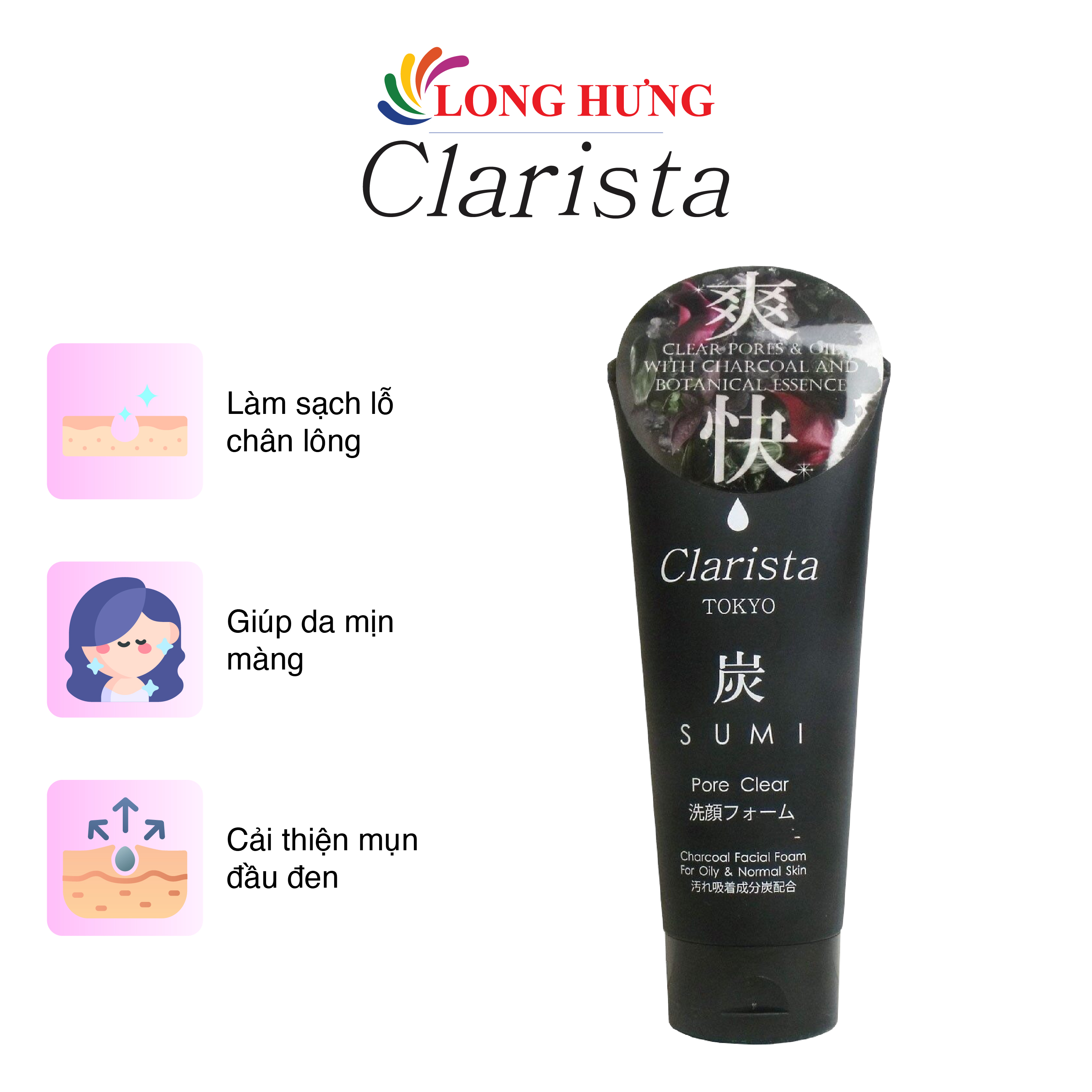 Sữa rửa mặt than hoạt tính Kumano Moritomo Clarista Tokyo Charcoal Facial Foam giúp làm sạch và dưỡng ẩm da (130g)