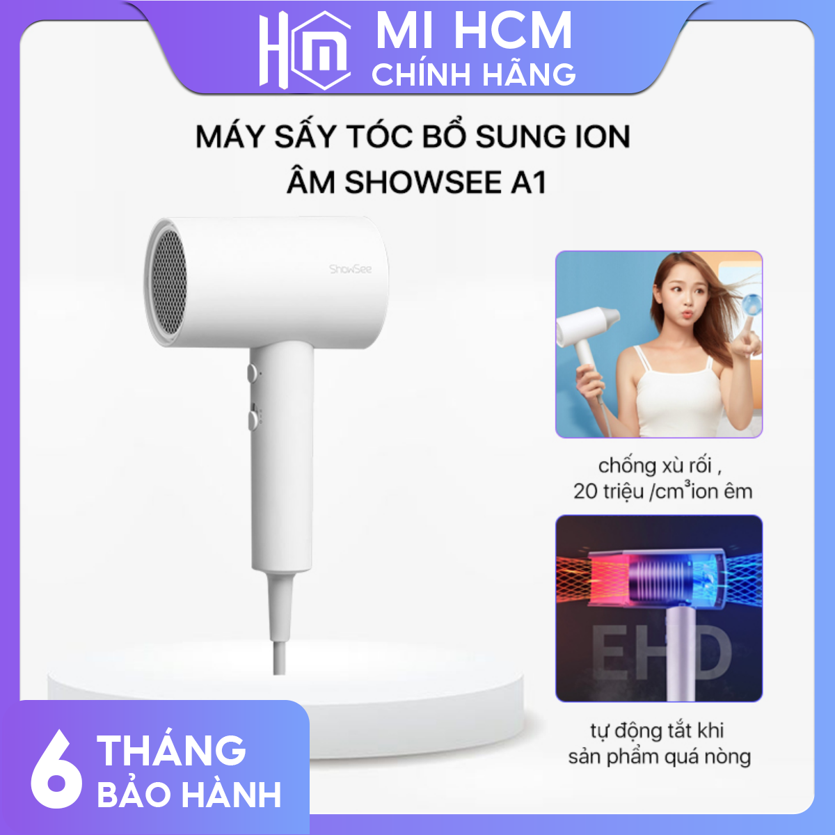 Máy sấy tóc bổ sung ion âm SHOWSEE A1 -W -công suất 1800W  / cao cấp Chống Xù Rối Khô Tóc