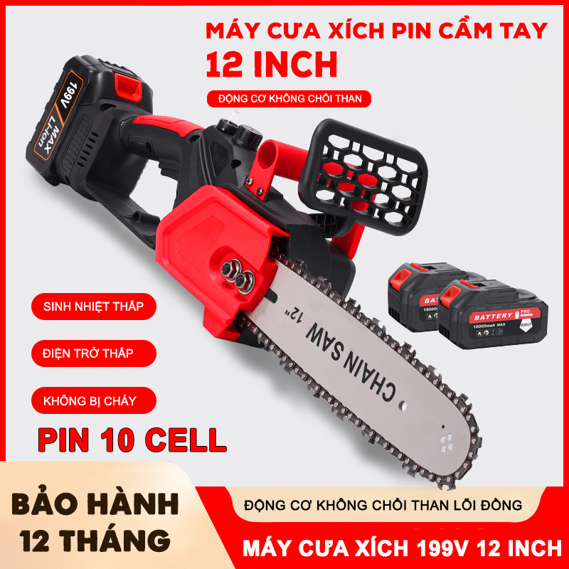 [BÁN CHẠY] Máy Cưa Xích KUTAN Cầm Tay 12 Inch, Máy Cưa Gỗ Sử Dụng PIN 10 Cell 199V, Lõi Đồng Không Chổi Than Đa Năng Sử Dụng Cho Gia Đình, Bảo Hành 12 Tháng