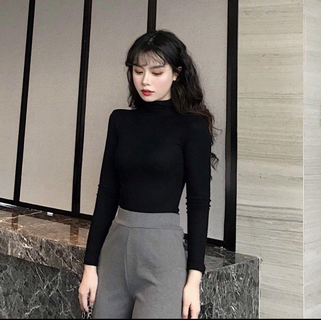 Áo thun lụa cổ lọ, chất lụa đẹp mê 11428-1 ( MÀU ĐEN )