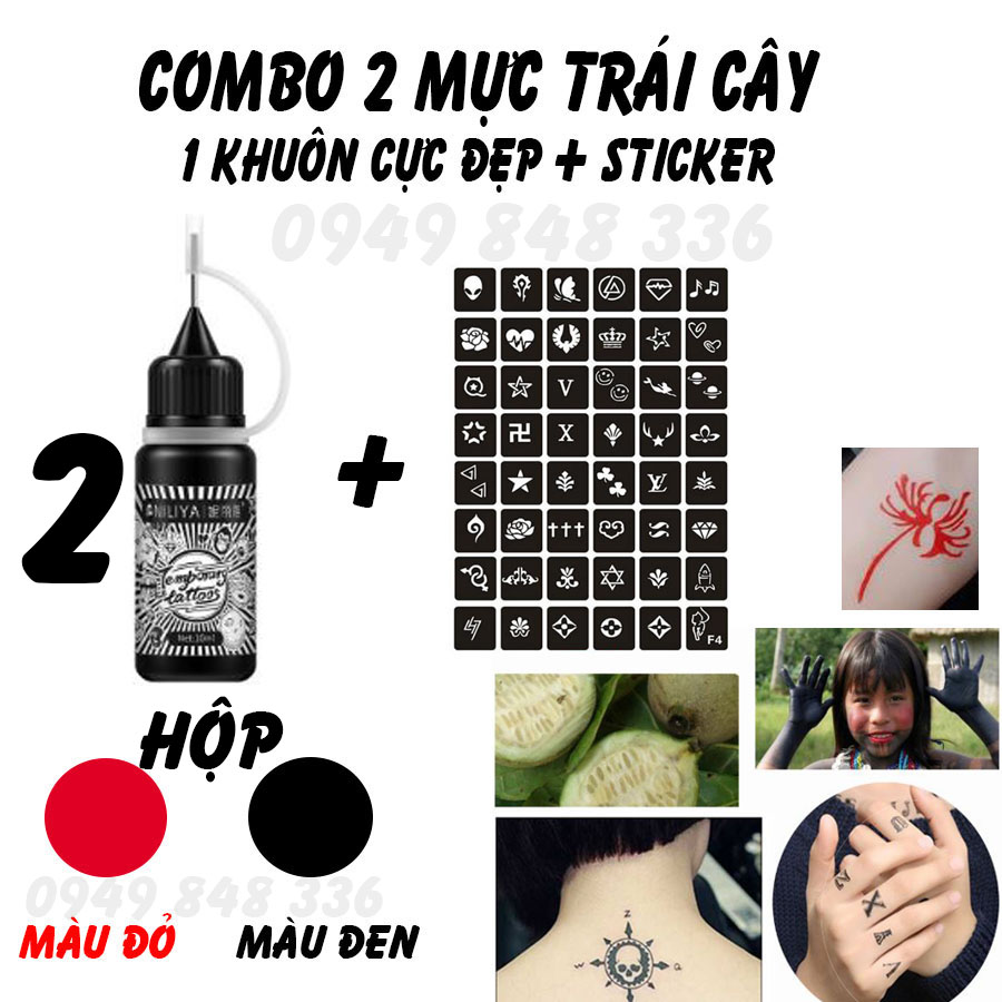 Combo 2 Mực Xăm Tạm Thời 15 Ngày Chống Nước Tặng Hơn 50 Hình Màu ĐEN + ĐỎ