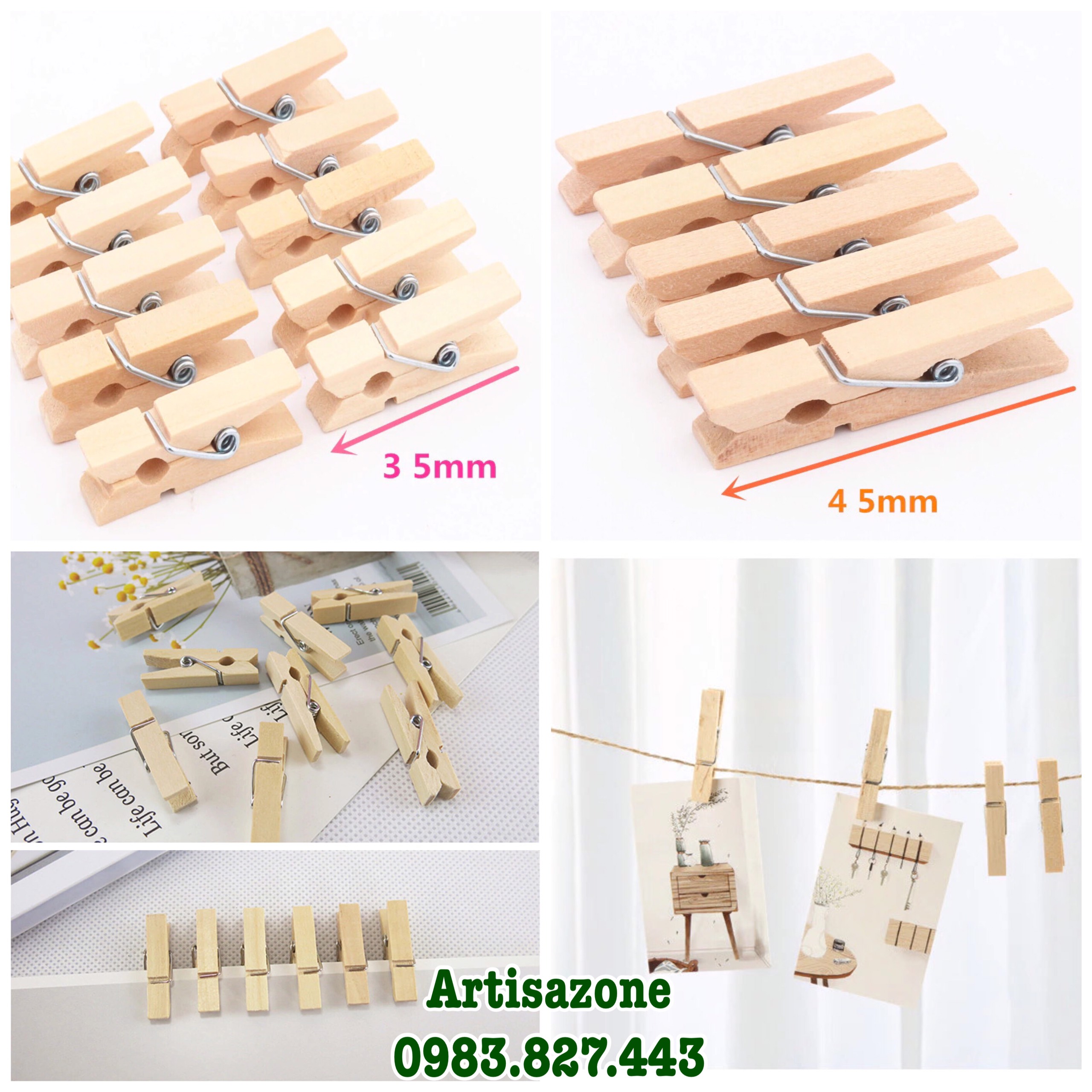 Kẹp gỗ trơn size lớn (size 7,2cm x 9mm) - 20 chiếc kèm 02 mét dây