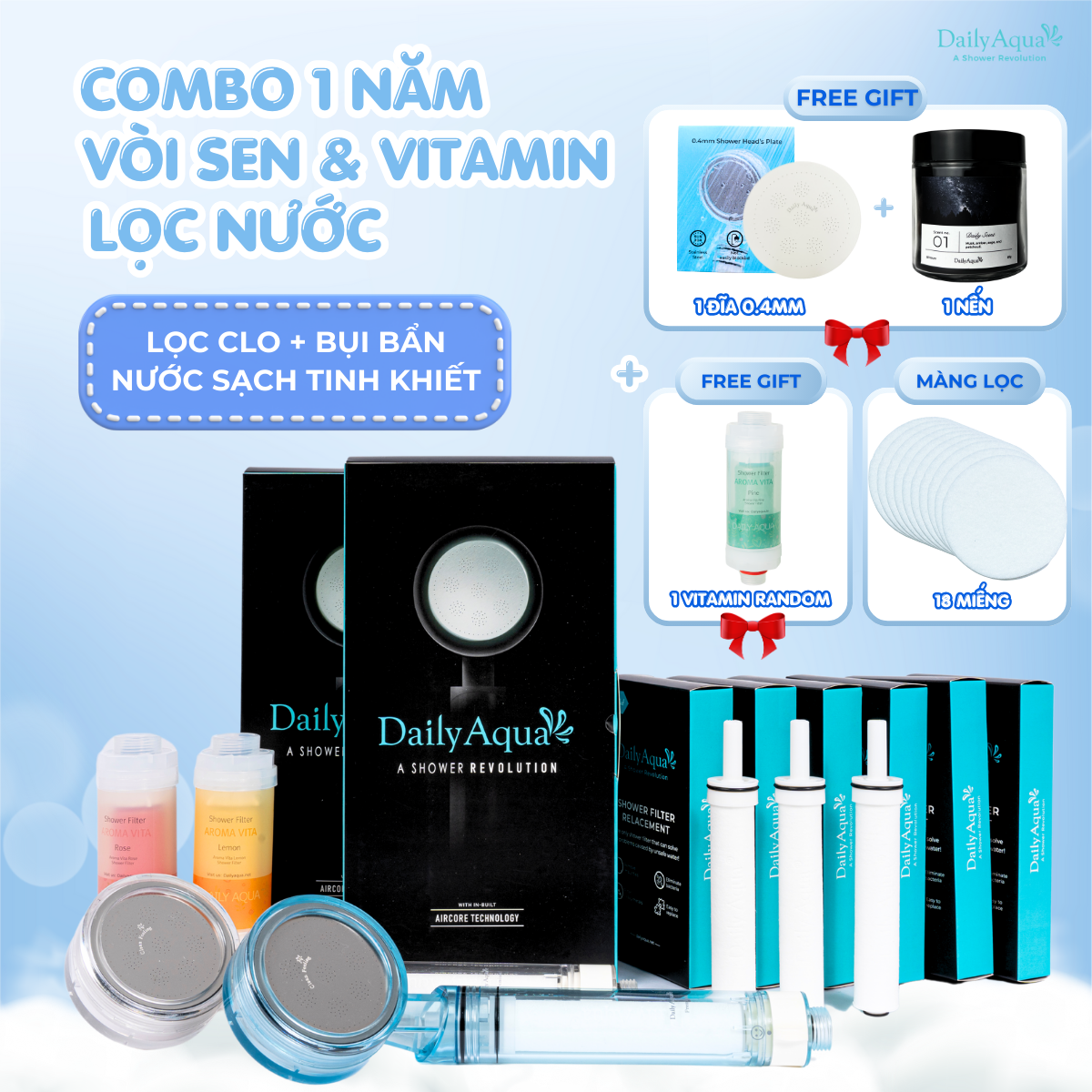Family set - 2 bộ vòi sen tăng áp gift set và 2 lõi lọc nước lọc clo vitamin daily aqua - sử dụng 1 năm